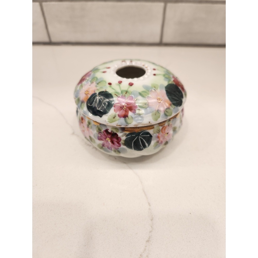 Vintage Hand Painted Pink Florals Gold Victorian‎ Porcelain Lidded Hair Receiver
